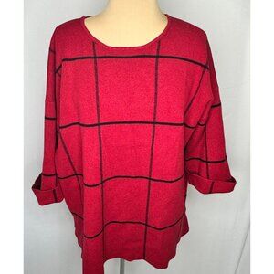 Womens Tahari  2X Red & Black Grid Window Pane Pattern Sweater Soft Boucle
